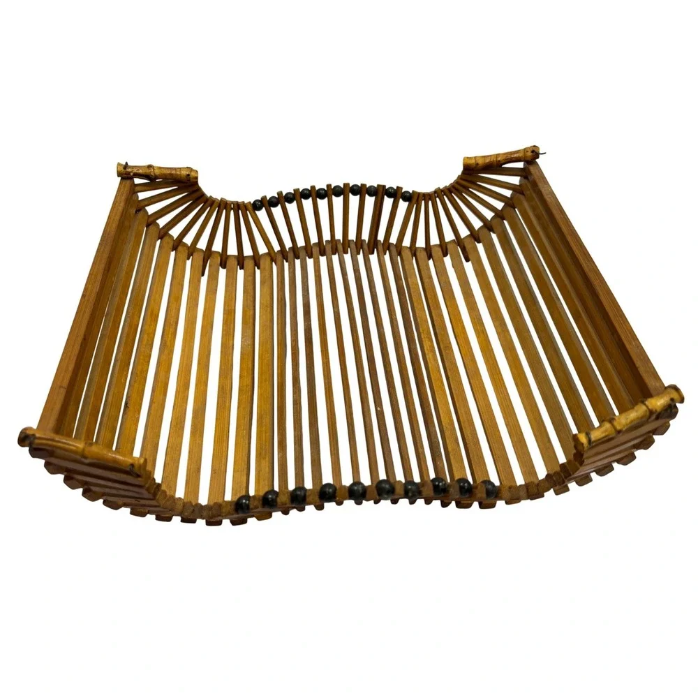 Vintage Bamboo Slat Basket‎ Fruit Bowl Wood Bead Accents Boho Decor Centerpiece